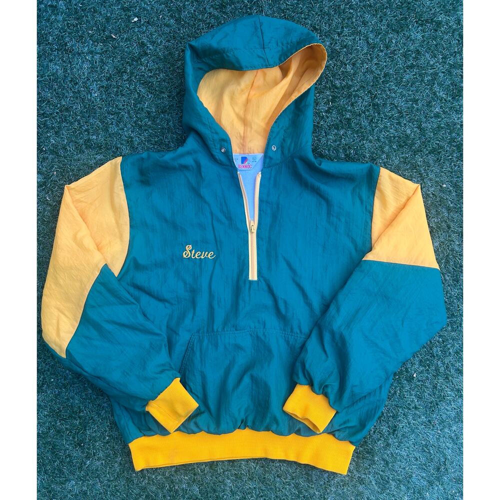 Vintage Rennoc Green & Yellow Colorblock - Hooded Windbreaker Jacket